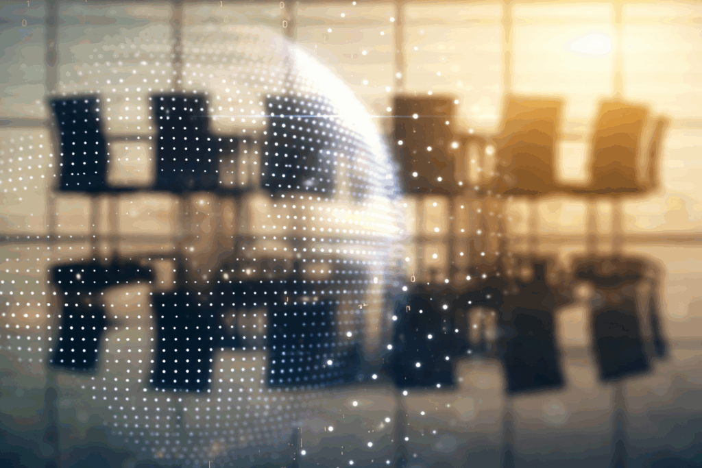 Abstract conference room with digital overlay