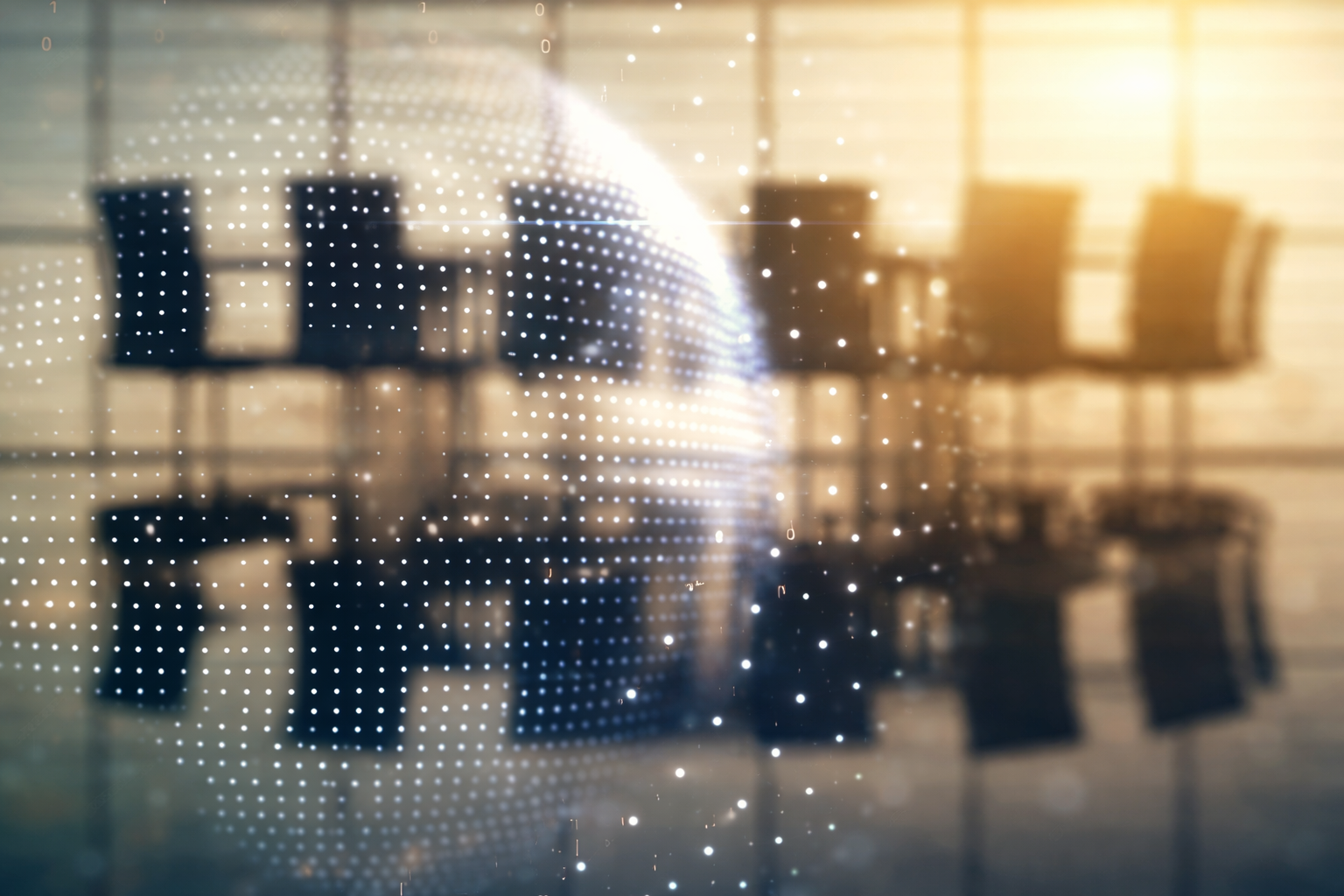 Abstract conference room with digital overlay